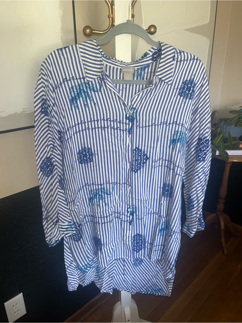 Chico's Blue and White Striped Tunic with Teal Floral Embroidery